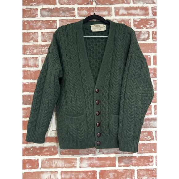 Aran Crafts Mens Irish Cable Knit Cardigan Sweater Green GUC Size Medium - Picture 1 of 8